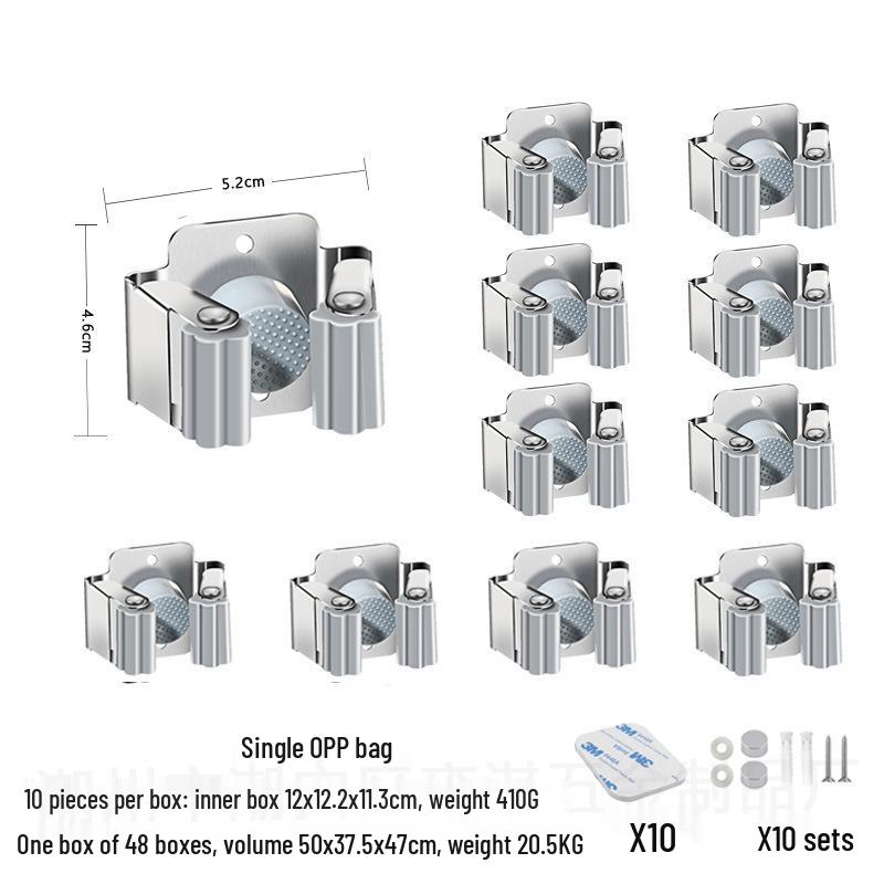 Stainless Steel Wall-Mounted Mop and Broom Holder, Punch-Free Clip for Bathroom Storage