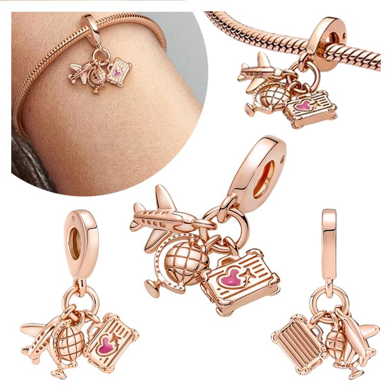 New Charms Sparkling Rose Gold Airplane, Globe & Suitcase Triple Heart Winged Angel Diy Jewelry Gift Fit Original Bracelet Beads
