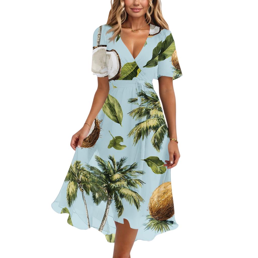 Women V Neck Short Sleeve Casual Dress Hawaiian Print Midi Dress Summer Beach Dress with Elastic Waist and Flared Skirt