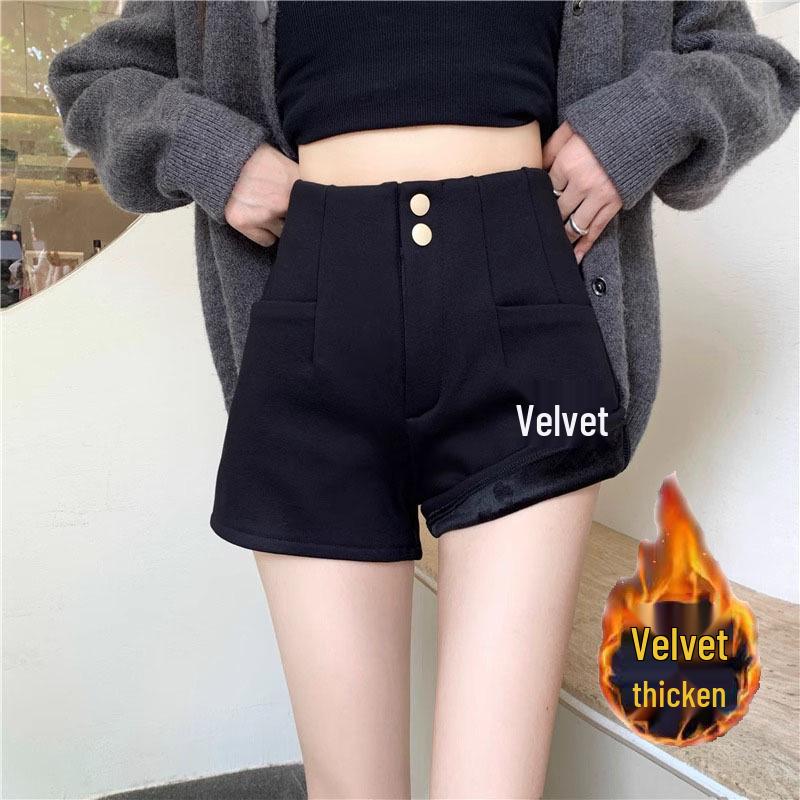 

Женские шорты с высокой талией, черные, приталенные, А-силуэта, на флисовой подкладке, с широкими штанинами, 2025 4XL чёрный