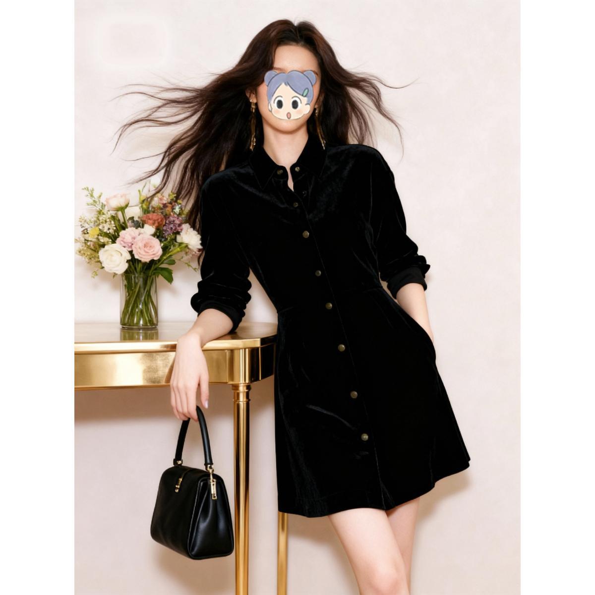

Elegant Black Velvet Slim-Fit Winter Banquet Dress for Women XL (120-135 lbs)