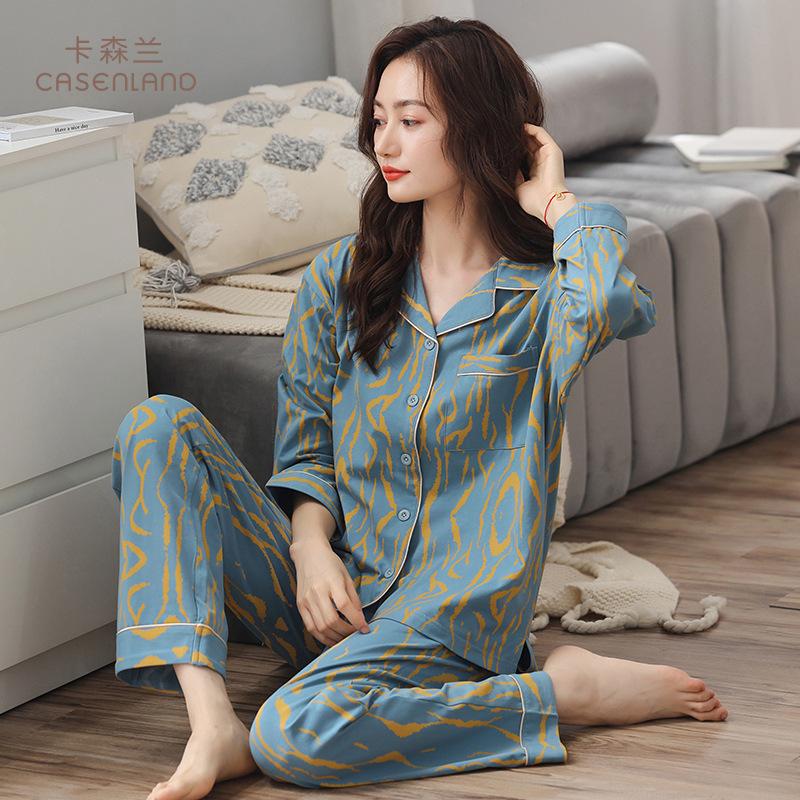 Pajamas Women's Spring and Autumn Models 1011 New Pure Cotton Long-sleeved Suit Large Size Middle-aged Mother Summer Models Can Be Worn Outside 