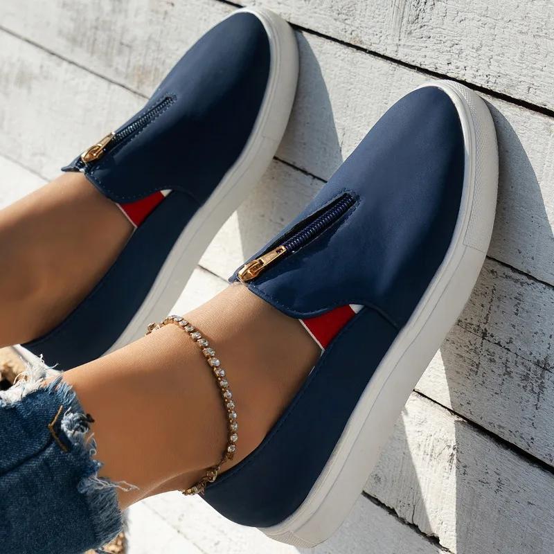 New Style Women Front Zip Sneakers Low Top Canvas Shoes Solid Colour Round Head Non-slip Casual Slip on Loafers Plus Size 36-43