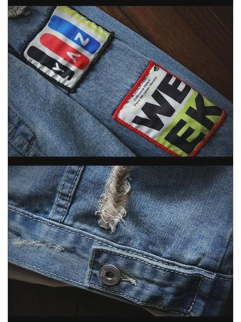 Herren Ripped Jeansjacke: Trendige japanische Retro-Mode, Streetstyle mit gesticktem Etikett, Schickes Workwear-Oberteil