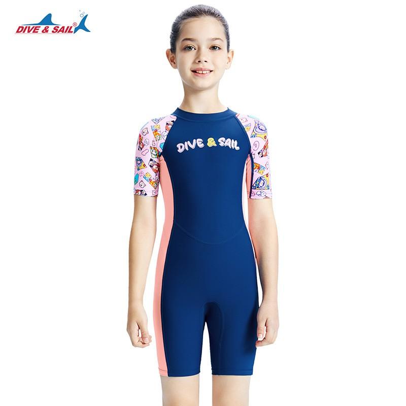 DIVESAIL Kids Short Sleeve Rash Guard One Piece Swimsuit Girls Quick Dry Sun Protection Swimming Beach Snorkeling