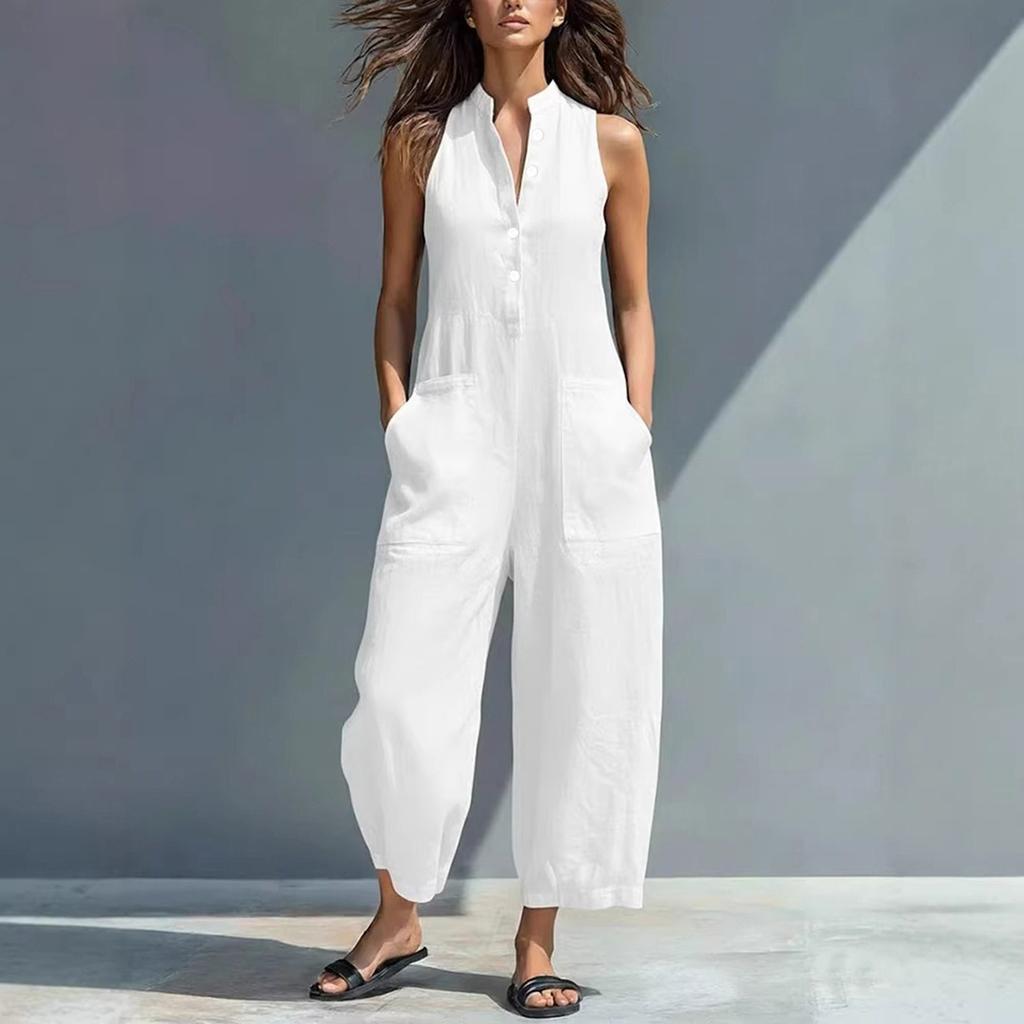 Modischer und lässiger ärmelloser Jumpsuit für Damen mit Knopfleiste, V-Ausschnitt und Taschen