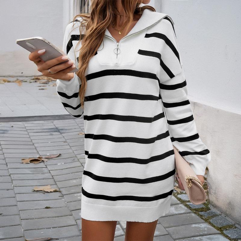 Women's Autumn and Winter Temperament Casual Two Colours Striped Long Sleeve Sweater Dresses