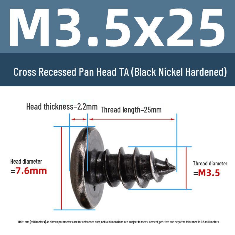 Yigu Black Nickel Hardened Phillips Flat Head Self-Tapping Screws M3-M5, Carbon Steel, Coarse Thread, Pointed Tail