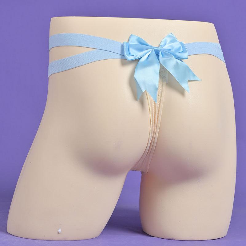 Cute Japanese Bow Lingerie Underwear Men Youth Mesh Perspective T-Back Thong Silky Elastic Penis Sheath G-String Sissy G-String