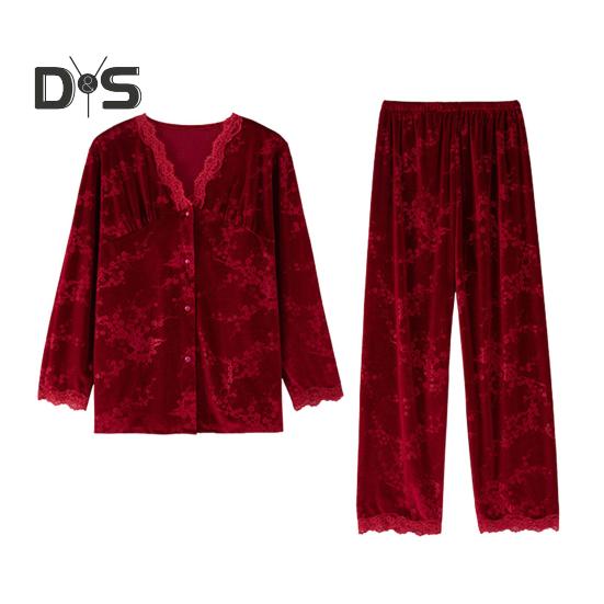 

2 шт./комплект осень-зима женская пижама костюм кружевная отделка V-образный вырез принт длинный рукав коралловый флисовый топ свободные эластичные брюки пижамы повседневная домашняя одежда L вино красного