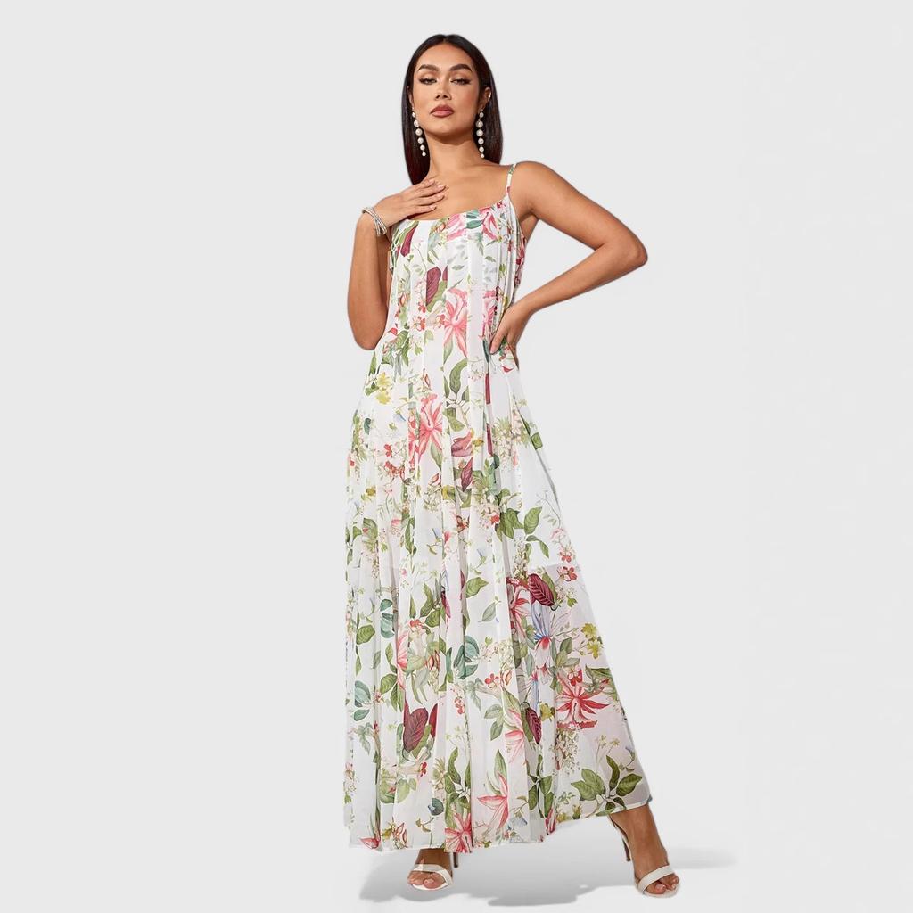 European, American spring and summer independent station new suspender fresh printing long pendulum dress