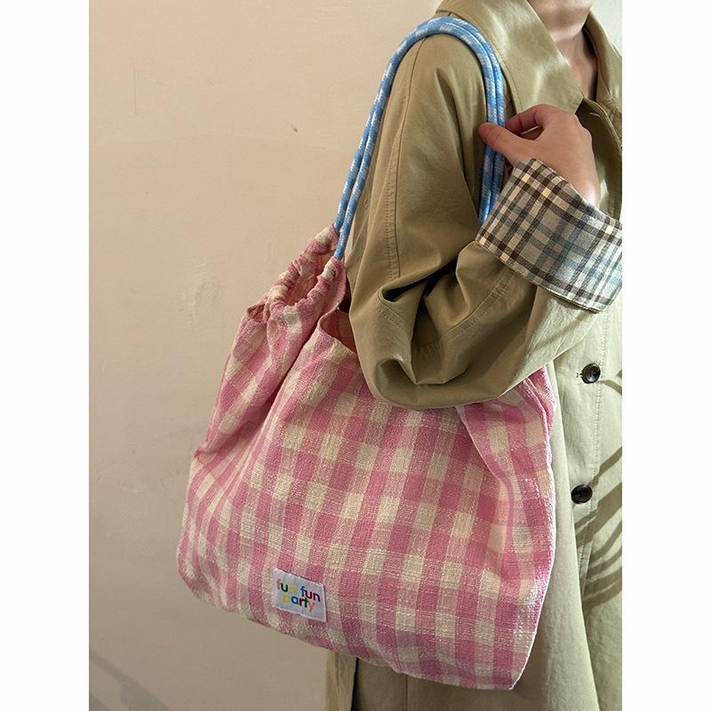 Korean lazy style canvas bag new plaid large-capacity commuting shoulder tote bag niche versatile handbag