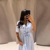 LYRIA Casual Striped Women Dress Lapel Single Breasted Short Sleeve Slim Waist Long Dresses New Lady Fashion Vacation Robe
