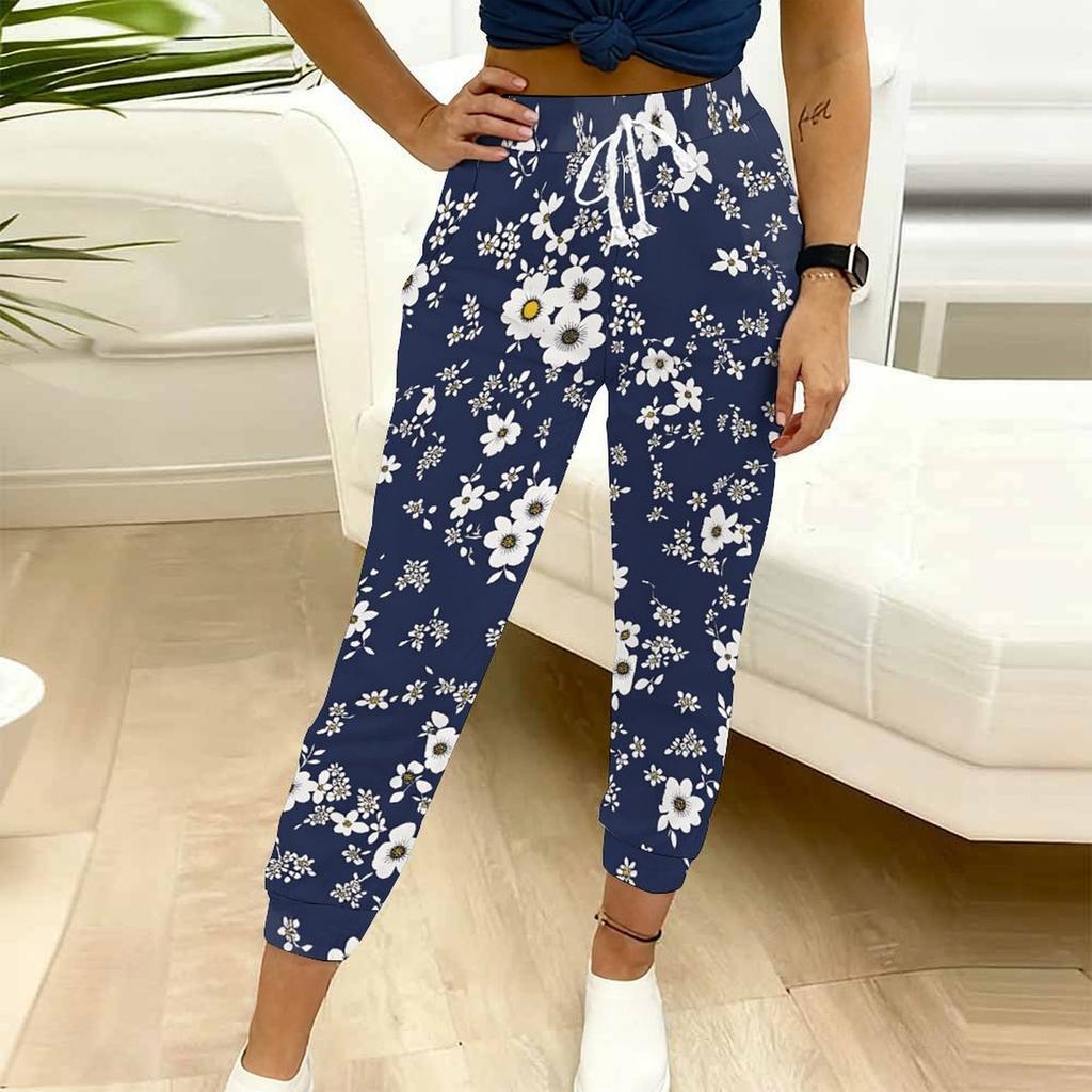 Summer Ladies Floral Print Sweatpants Loose Fit Drawstring Joggers Elastic Cuff Daily Casual Pants