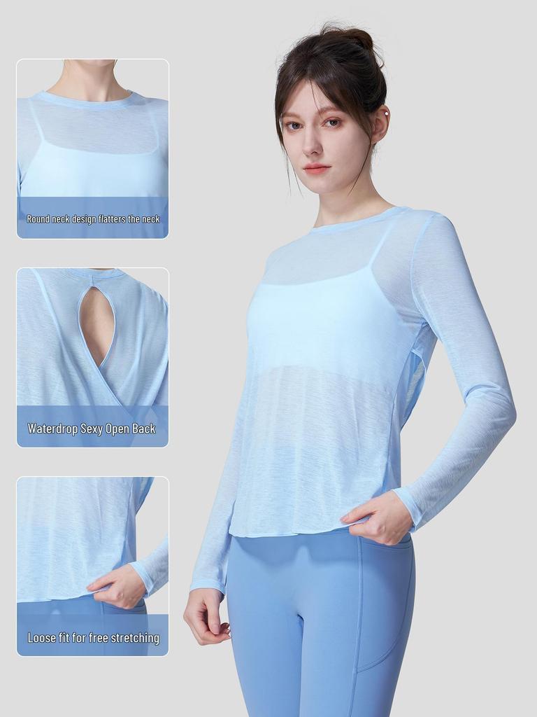 Women's Bamboo Yarn Quick-Dry Long Sleeve Yoga Top with Back Cross Design
