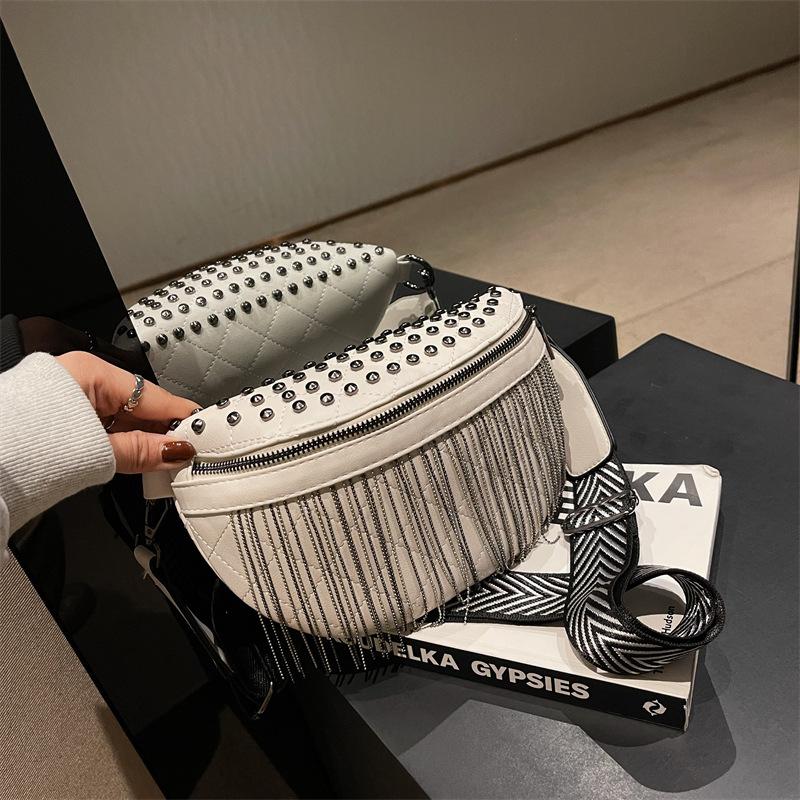 Tassel Bag, Fashionable Metal Stud Crossbody Bag, Wide Shoulder Strap, Single Shoulder Sling Bag