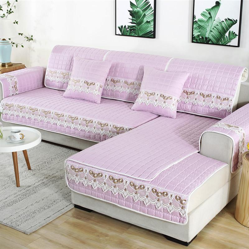 Solid Color Fabric Art Sofa Mat Light Luxury Lace Edge Anti Slip Sofa Cover European Style L-shaped Corner Dustproof Sofa Cover