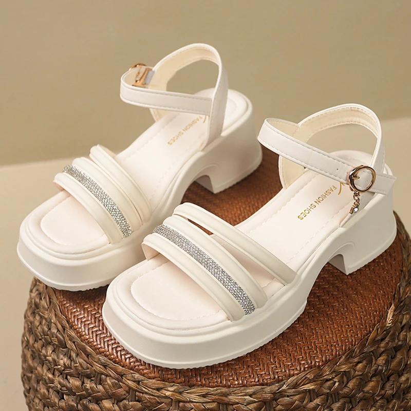 

Fashion Crystal Band Thick Soled Sandals Woman Summer Ankle Buckle High Heel Sandals Women Open Toe Non Slip Gladiator Sandalias Mujer 41 бежевый