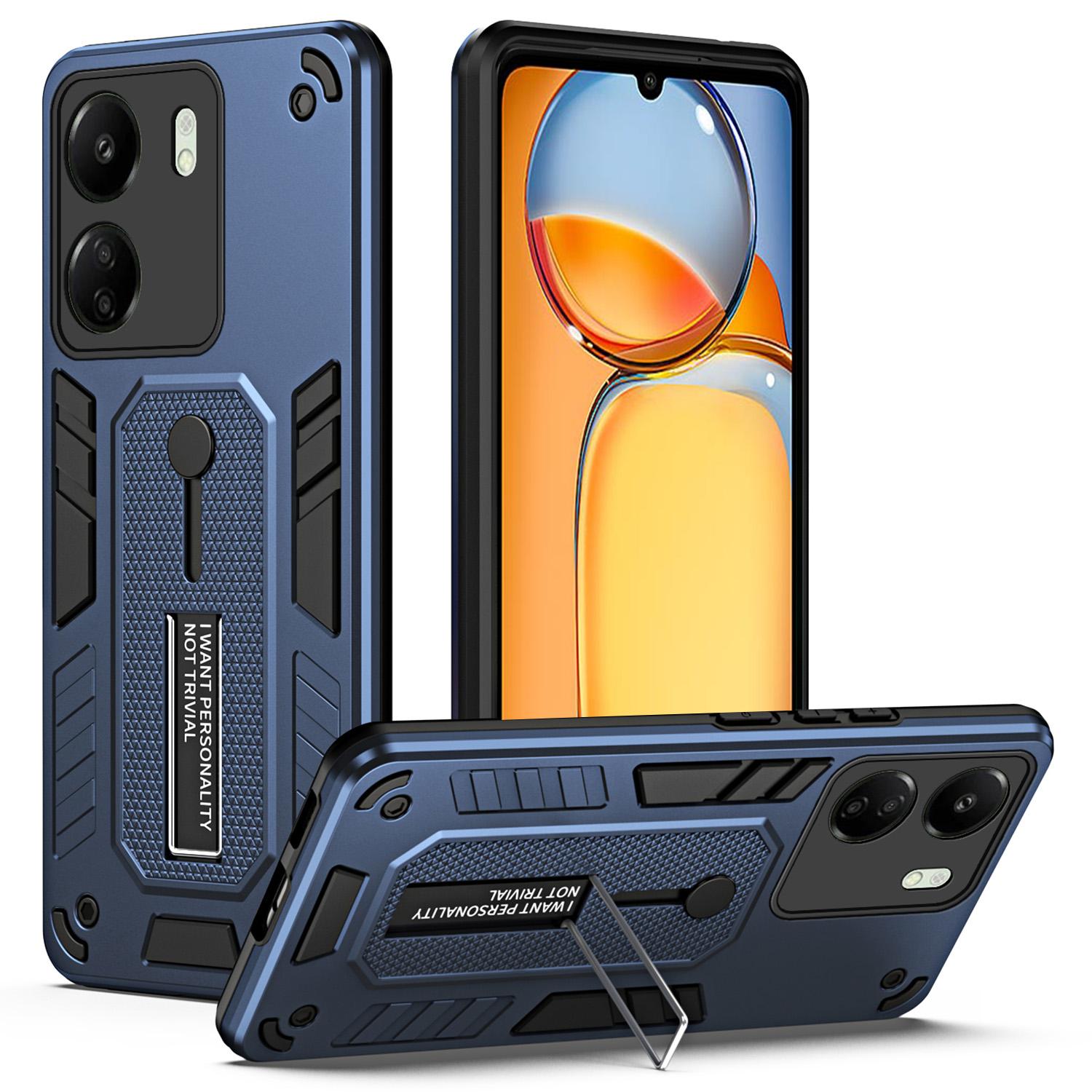 

For Xiaomi Redmi 13C 4G/Poco C65 4G Metal Kickstand Case with Silicone Ring Strap Blue