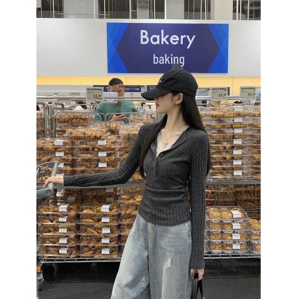 Gray Two-Piece Lace Knit Sweater for Women - Long-Sleeved Autumn Slim Base Layer Top