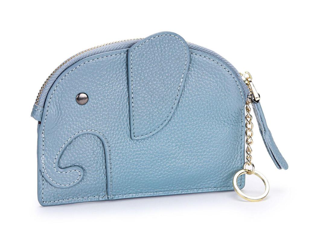 Women's Top Grain Cowhide Mini Coin Purse with Elephant Keychain - Cute, Japanese Style, Real Leather, Super Thin
