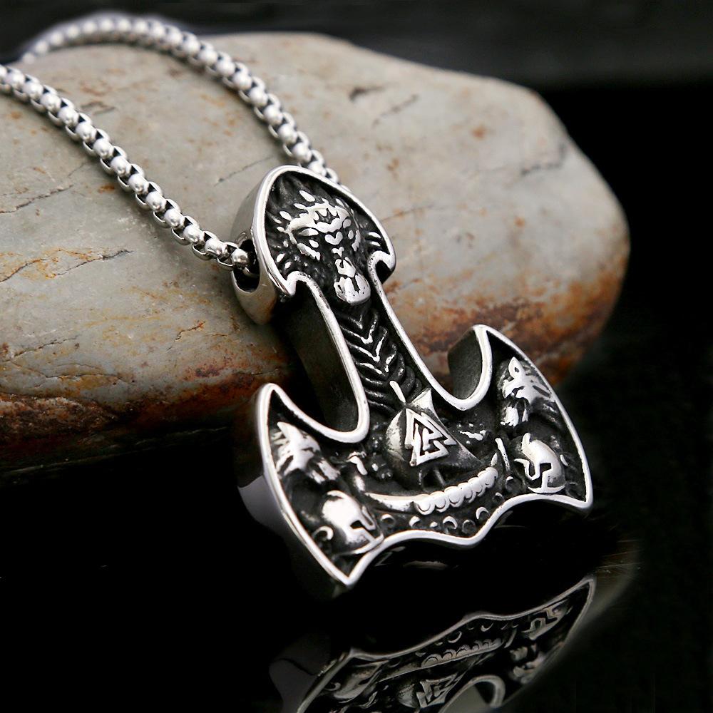 Nordic New Stainless Steel Thor Hammer Viking Ship Triangle Rune Retro Necklace for Men