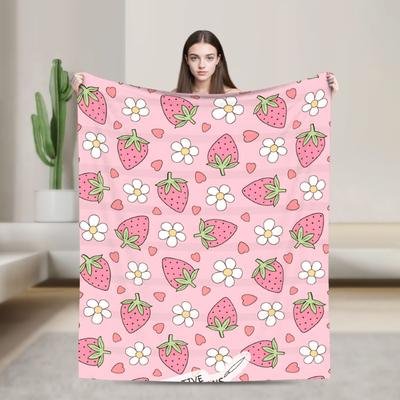 Pink Strawberry Print Blanket Soft Warm Pattern Plush Throw Blanket For Living Room Camping Flannel Bedspread Bed Cover
