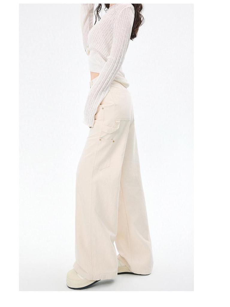 Jeans Larghi a Zampa Retro Khaki da Donna con Tasche Multiple per la Primavera