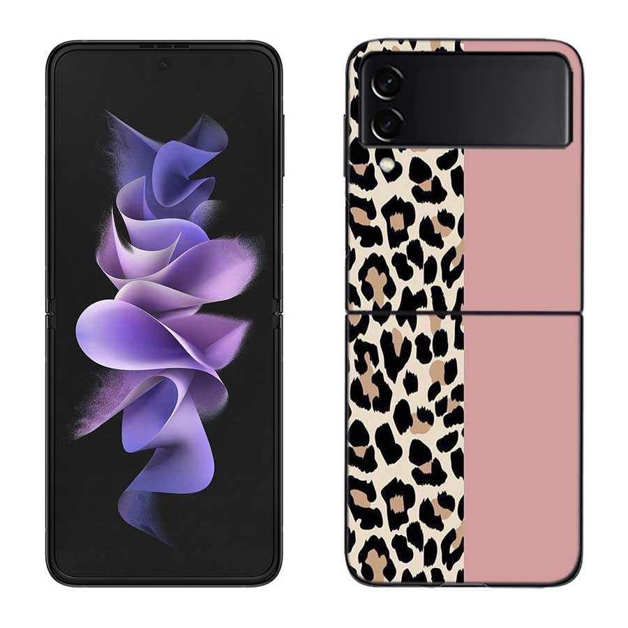 Leopard Print Pink Case For Samsung Z Flip 6 5G Galaxy Z Flip 5 4 3 5G Black Hard Cell Phone Cover Luxury PC Shell Coque