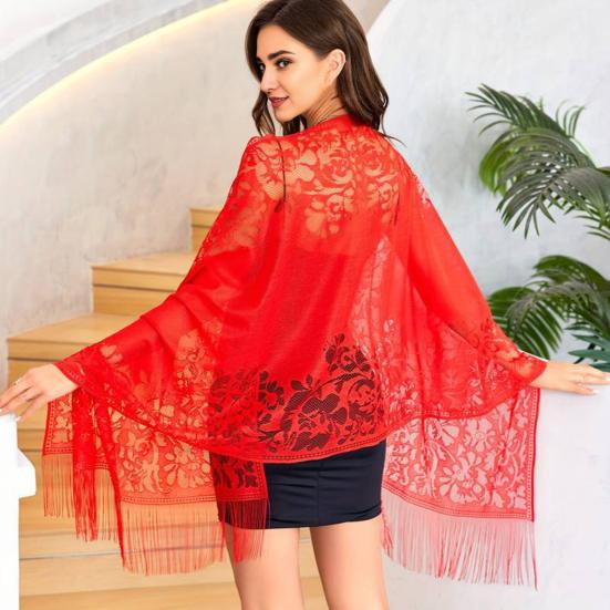 Women Shawl Hollow Embroidery Lace Flower Pattern Summer Shawl with Tassel Hem UV Protection Neck Shoulder