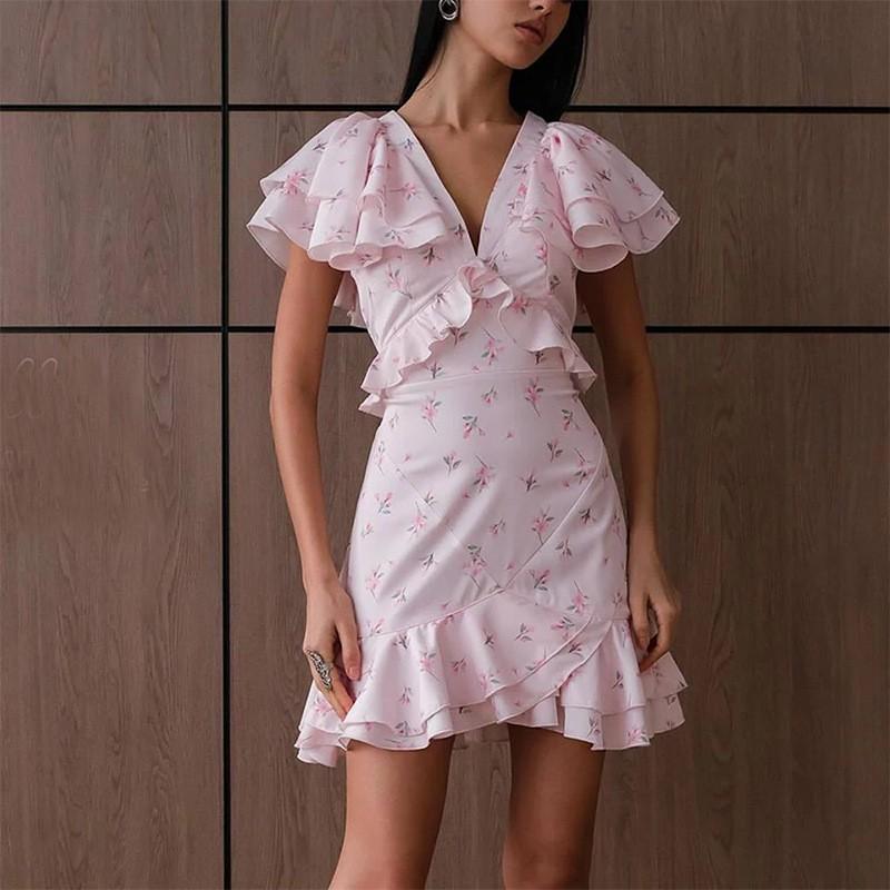 2026 Womens Floral Print A-Line Midi Dress V-Neck Short Sleeve Loose Fit Elegant Casual Office Wear Small