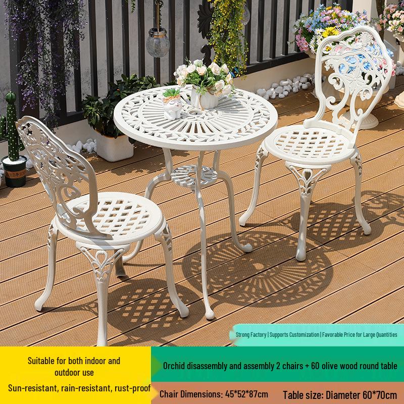 White Wrought Iron Cast Aluminum Outdoor Patio Table and Chairs Set - Waterproof Villa Courtyard Garden Balcony Furniture