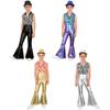 Boys Disco Metallic Glossy Sleeveless Print Patchwork Long Flare Pants Jumpsuit Sequins Fedora Hat