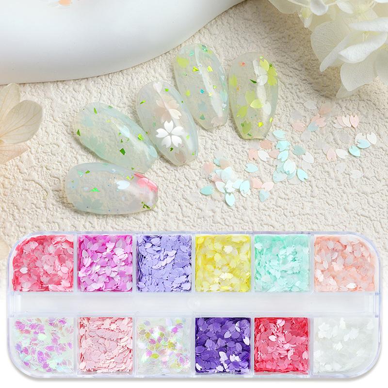 6/12 Grids Cherry Blossom Petals Nail Art Glitter Sequins Holographic Nail Flakes Sequin Mixed Iridescent Powder Nail Decoration