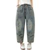 DIMANAF 2026 Summer New Plus Size Women Jeans Elastic Waist Long Pants Print Loose Casual Denim Cotton Trousers Pants
