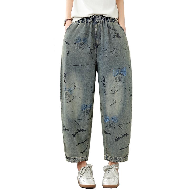 DIMANAF 2026 Summer New Plus Size Women Jeans Elastic Waist Long Pants Print Loose Casual Denim Cotton Trousers Pants