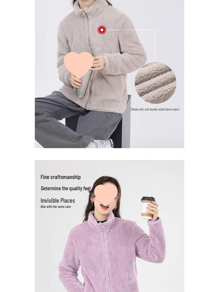Women's Double-Sided Fleece Jacket - Short Sleeve, Loose, Plus Velvet, Thickened for Autumn/Winter Warmth, Coral & Sherpa Fleece Pajamas.
