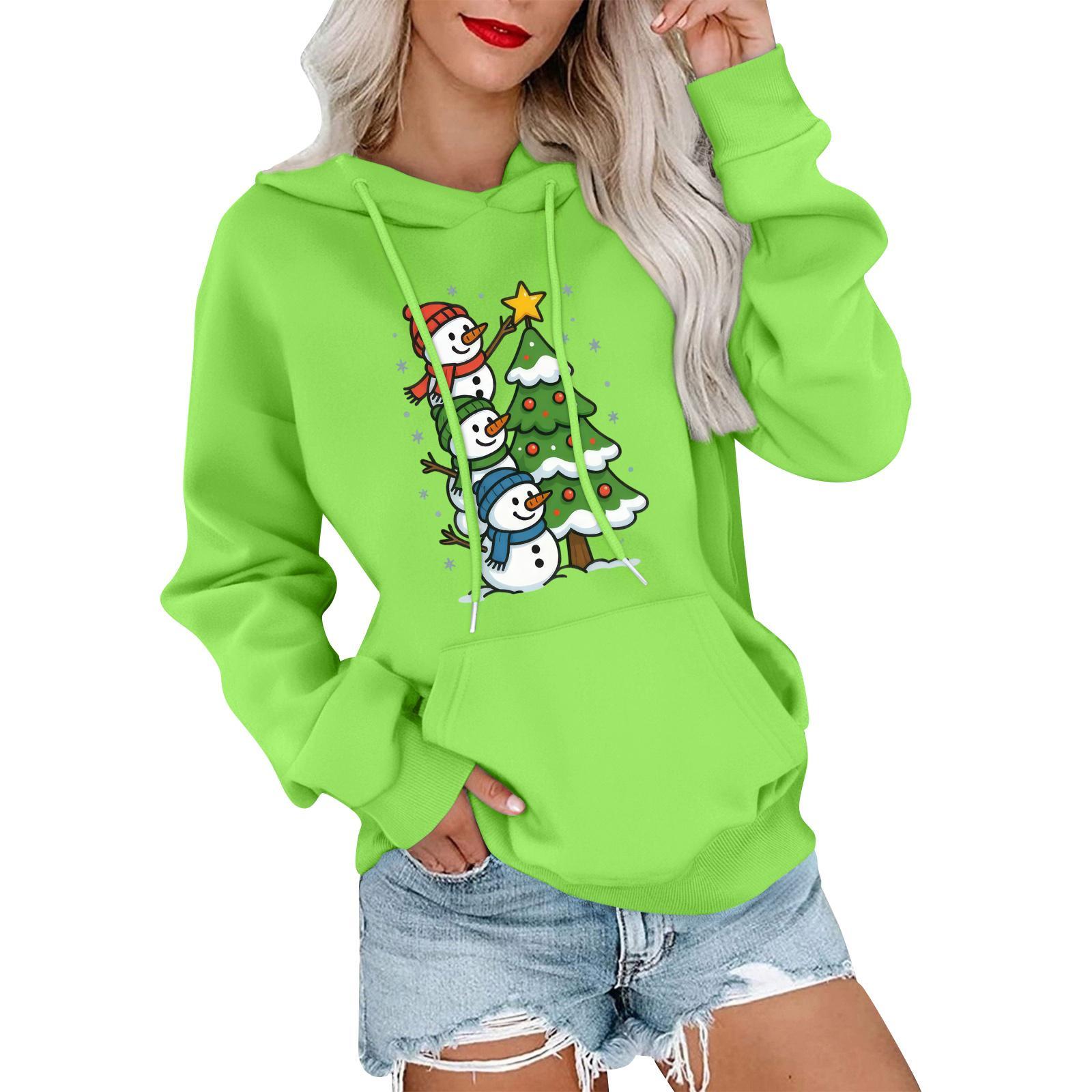 

Женский модный, расслабленный и удобный свитер с круглым вырезом и капюшоном, с длинными рукавами и рождественским принтом, теплый свитер L зелёный