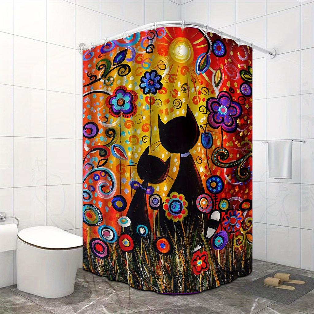 Vibrant Cat and Flowers Waterproof Mildew-Resistant Shower Curtain - Colorful Artistic Design for a Playful Bathroom Décor