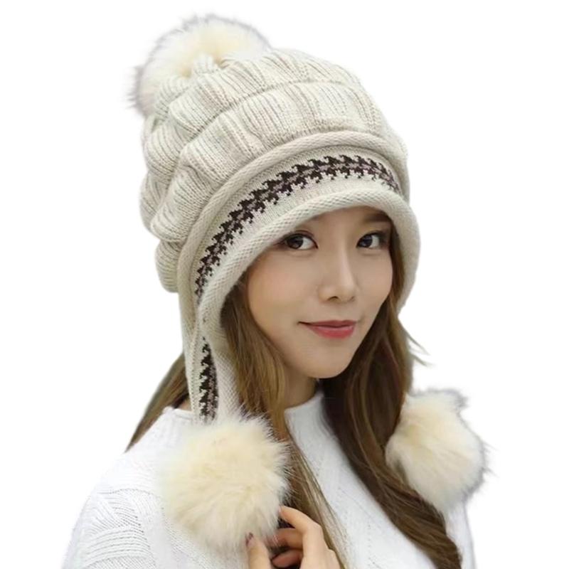 Warm Polyester Ear Protection Beanies With Triple Pompoms For Adults Winter Sports Daily Outfits