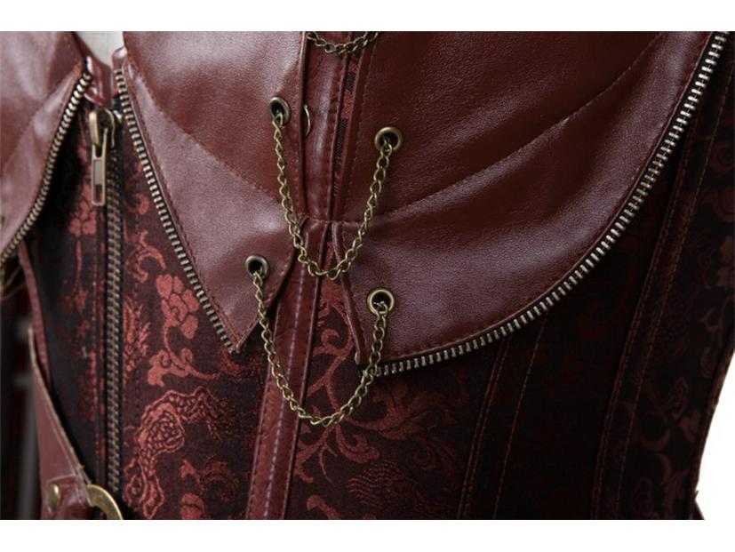 Europejski Styl Brązowy Skórzany Gorset z Paskiem i Halterem, z 14 Stalowymi Fiszbinami - Punkowy Kombinezon Modowy.