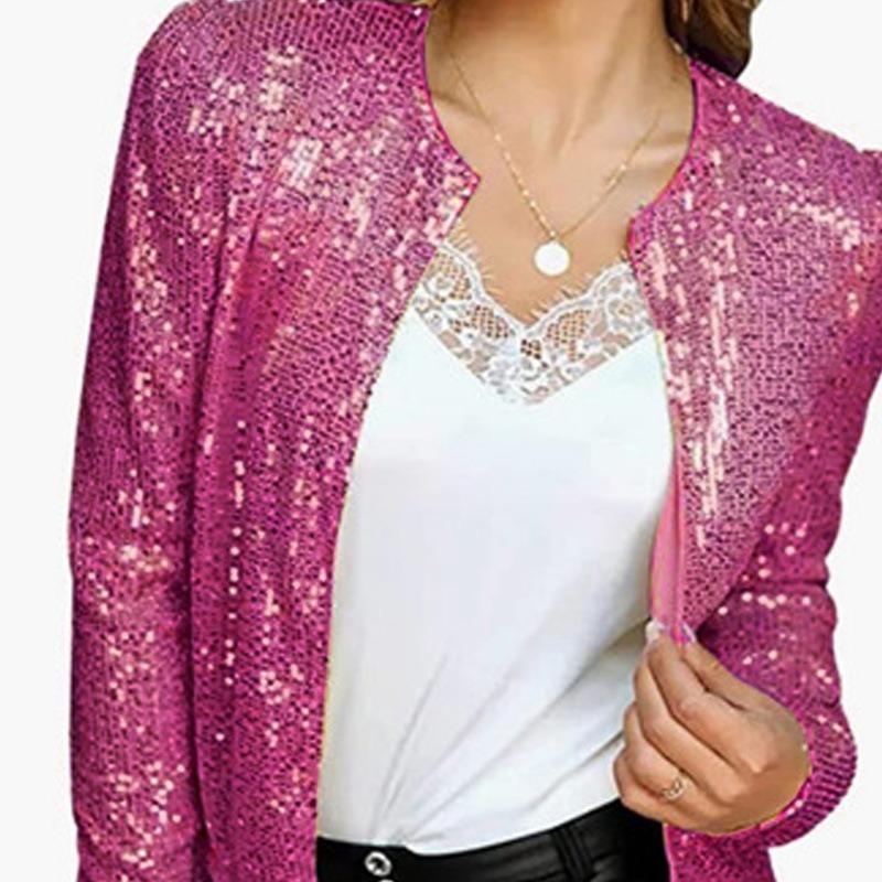 Fashion Stand Collar Solid Sequin Jacket Women Autumn Long Sleeve Loose Short Casual Jackets Ladies Elegant Round Neck Plus Size Coats Women Top 25189