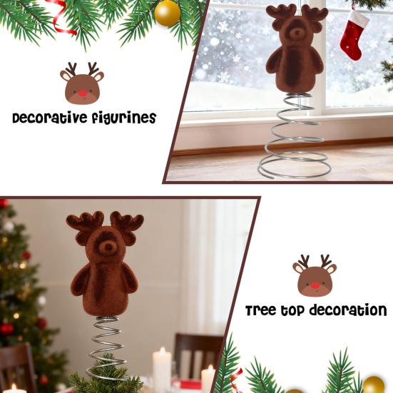 Christmas Reindeer Tree Topper 3D Flocking Elk Christmas Treetop Ornament for Indoor Home Christmas Tree