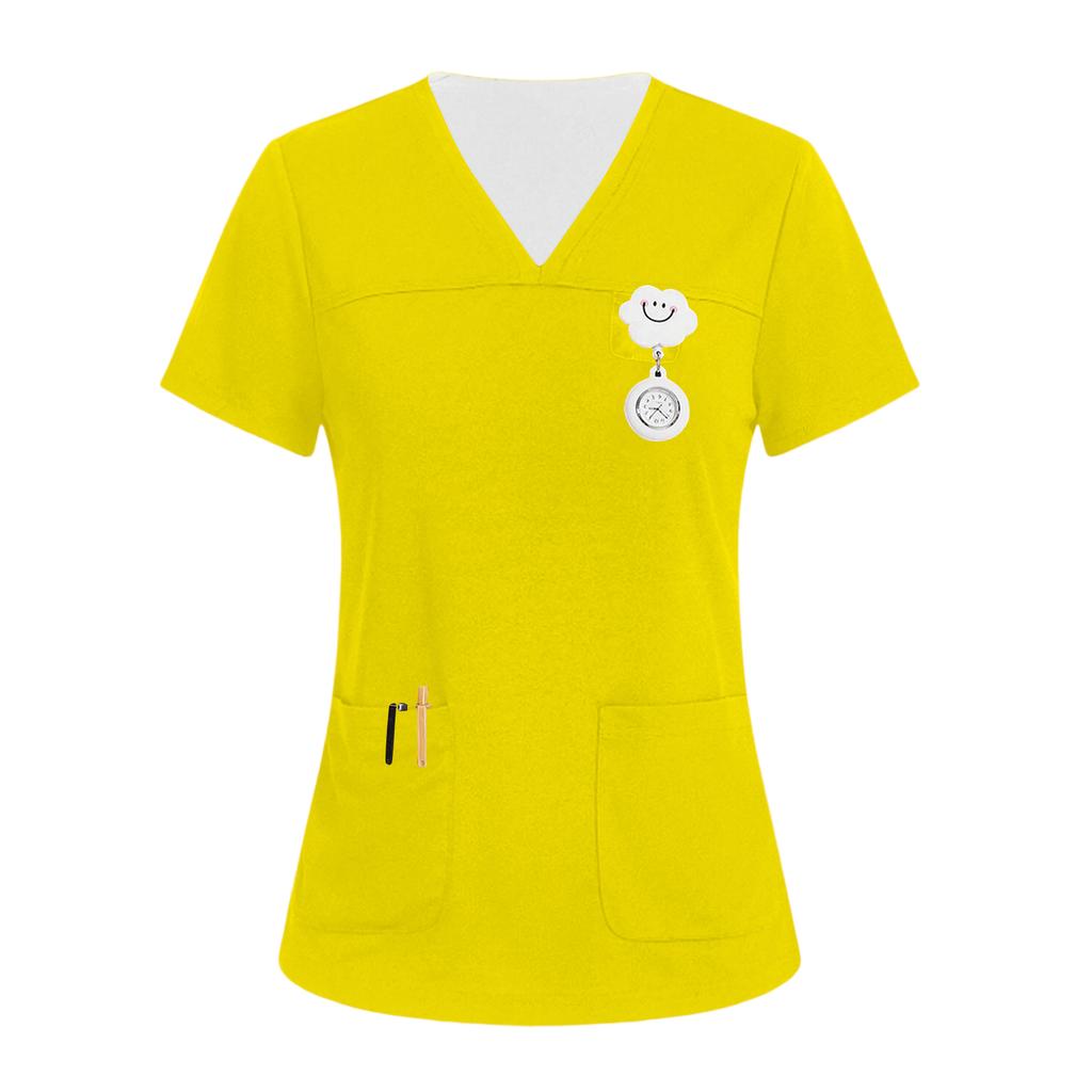 Damen V-Ausschnitt Drei-Taschen Kurzarm Uniform/Pflegekraft Oberteil Mit Schlitzen Am Saum