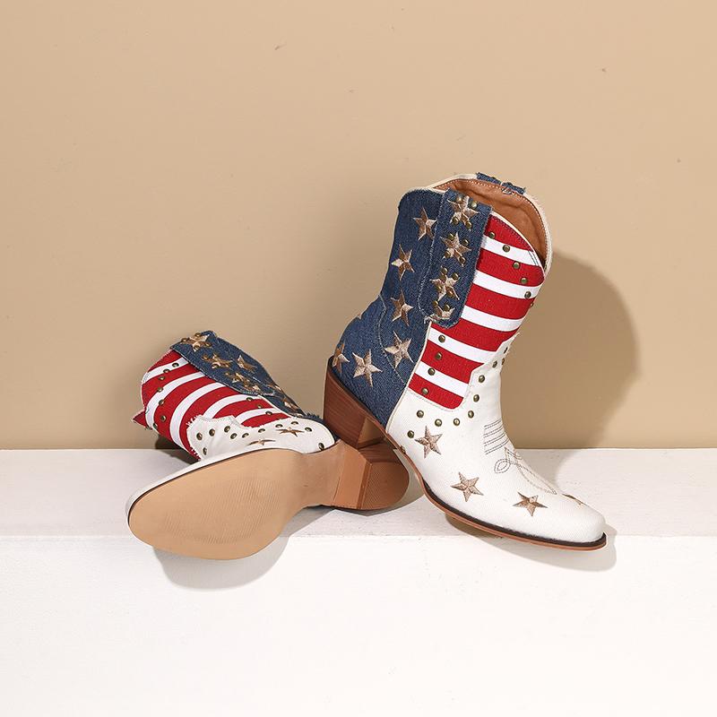 Women's Cowboy Western Boots USA Flag Ankle Booties Denim Studded Rivets Embroidery Stars Stripes Heeled Shoes 2024 New Footwear