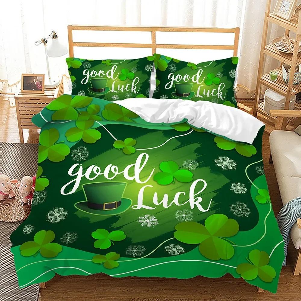 Lucky Green Leaves Duvet Cover King Queen Size Four Leaf Shamrock Clover Irish Culture Bedding Set Soft Polyester