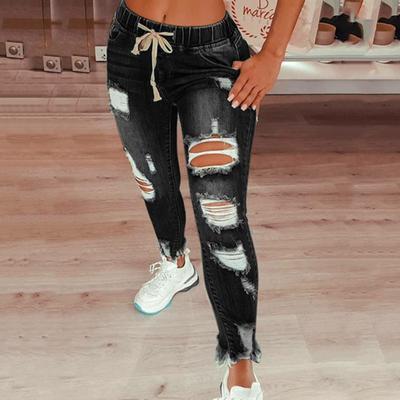 Calça Jeans Feminina Longa com Cordão Elástico e Ilhós Moda Namoro Streetwear