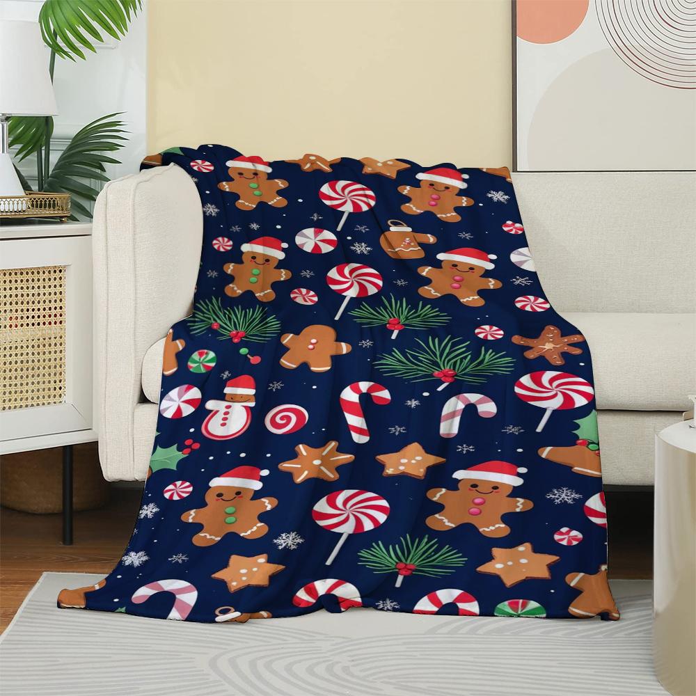 Weihnachts-Lebkuchenmann & Süßigkeitenmuster Fleecedecke Marineblau Festliche Überwurfdecke für Couch Bett Lounging Ideale Geschenke