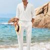 2pcs Set Men's Linen Shirt and Pants Suits for Men Beach Wear Tracksuit Solid Color Shirts Sweatpants Hawaiian Vacation