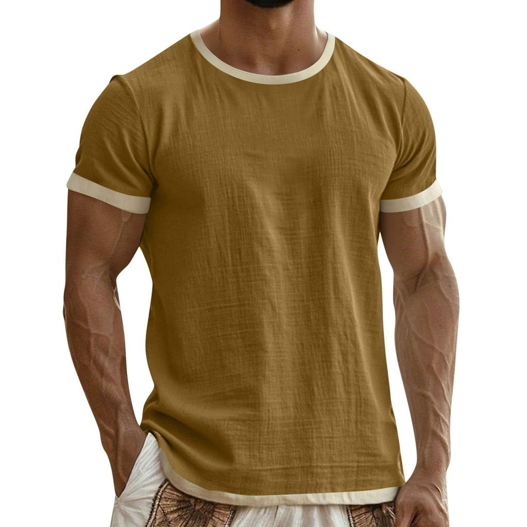 Men's Colorblock Cotton Linen Short Sleeve T-Shirt Lightweight Breathable Round Neck Casual Vacation Top